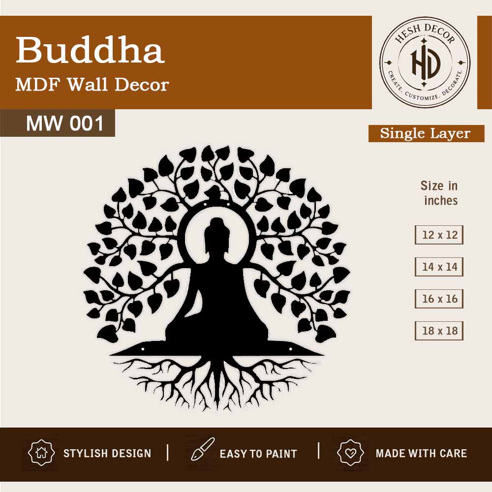 Buddha MDF wall decor with Bodhi tree wooden laser cut design for home decoration