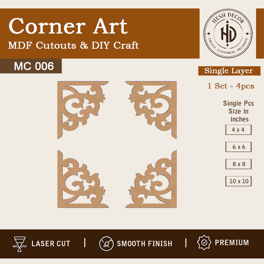 Decorative Corner Art MDF cutout set laser cut wooden craft pieces for DIY decoration projects