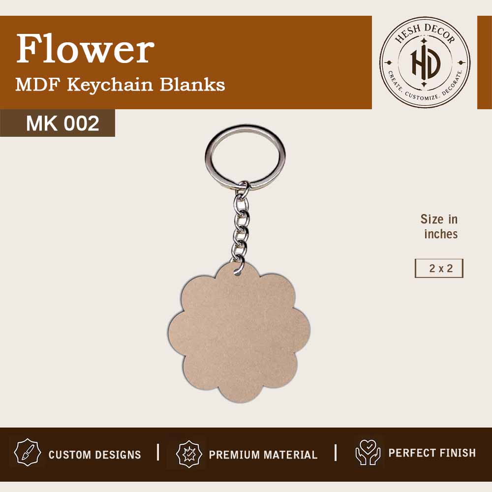 Flower shape MDF keychain blank 2x2 inch for DIY crafts with metal ring