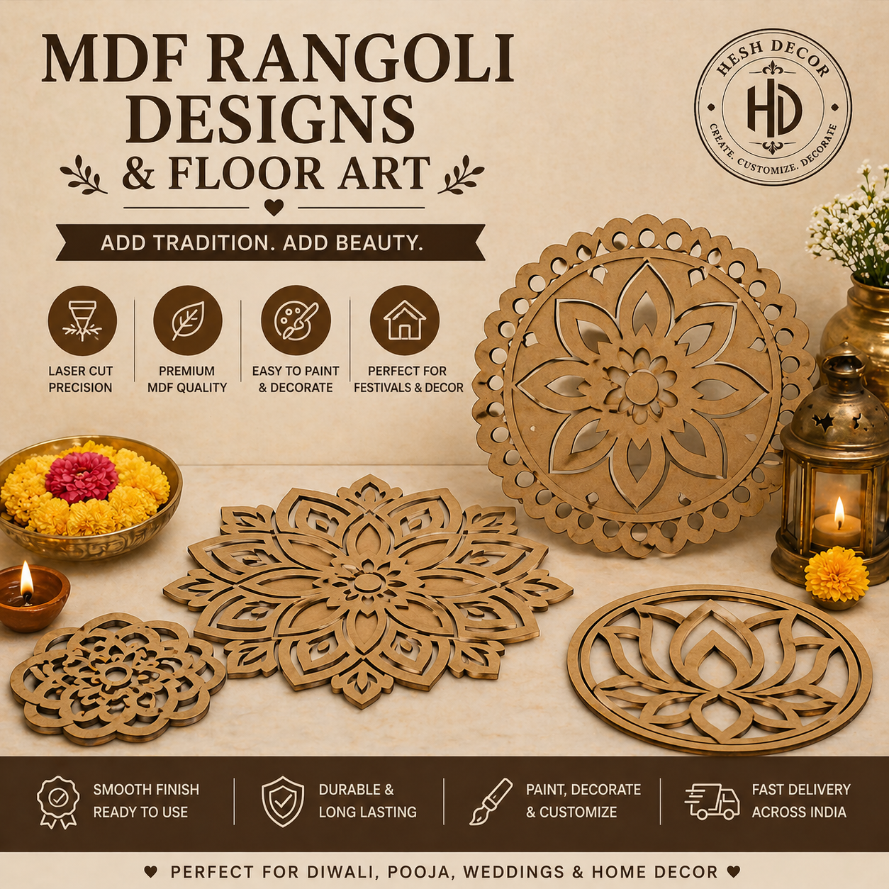 MDF rangoli designs and floor art for festival decoration and home decor