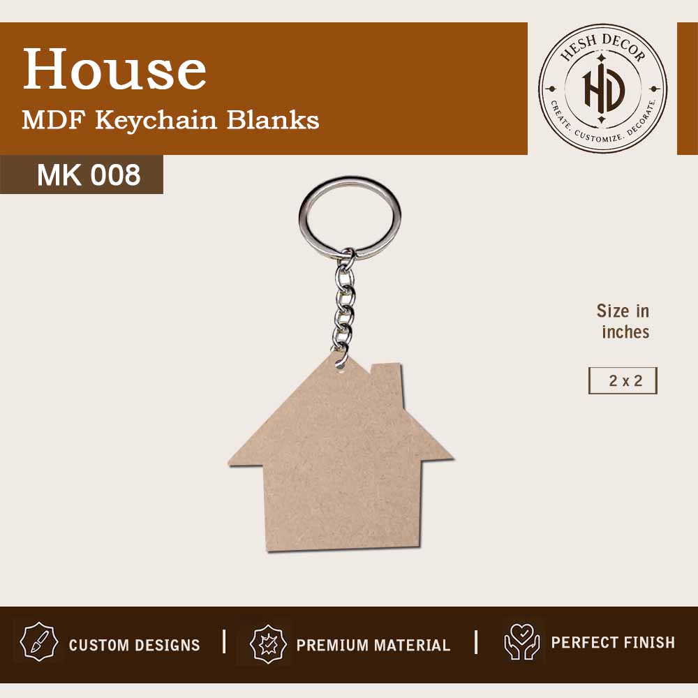 House shape MDF keychain blank 2x2 inch for DIY crafts with metal ring