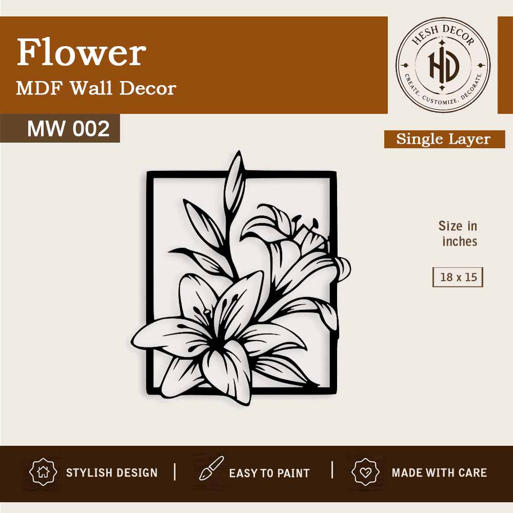 Flower MDF wall decor MW002 wooden laser cut floral frame design for home decoration