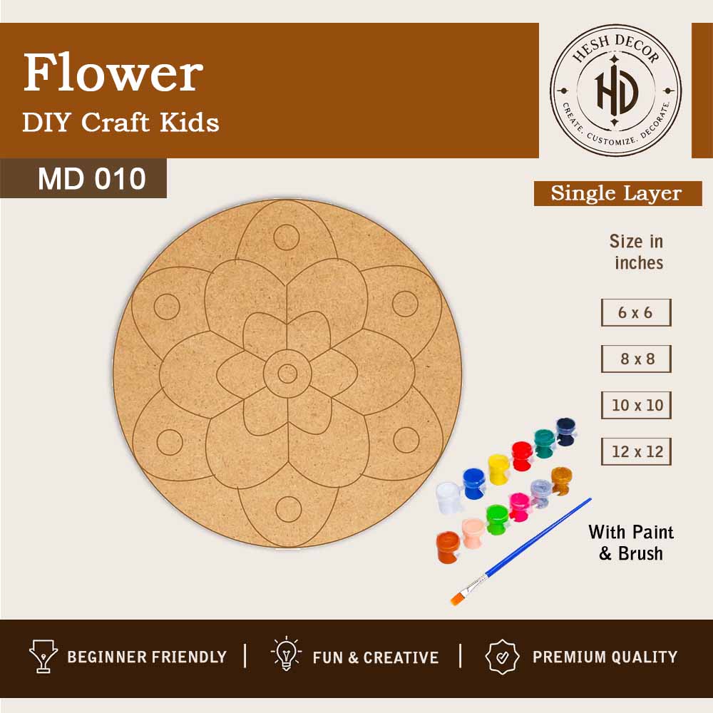 Flower MDF DIY craft kit round wooden painting board with paint and brush for kids activities