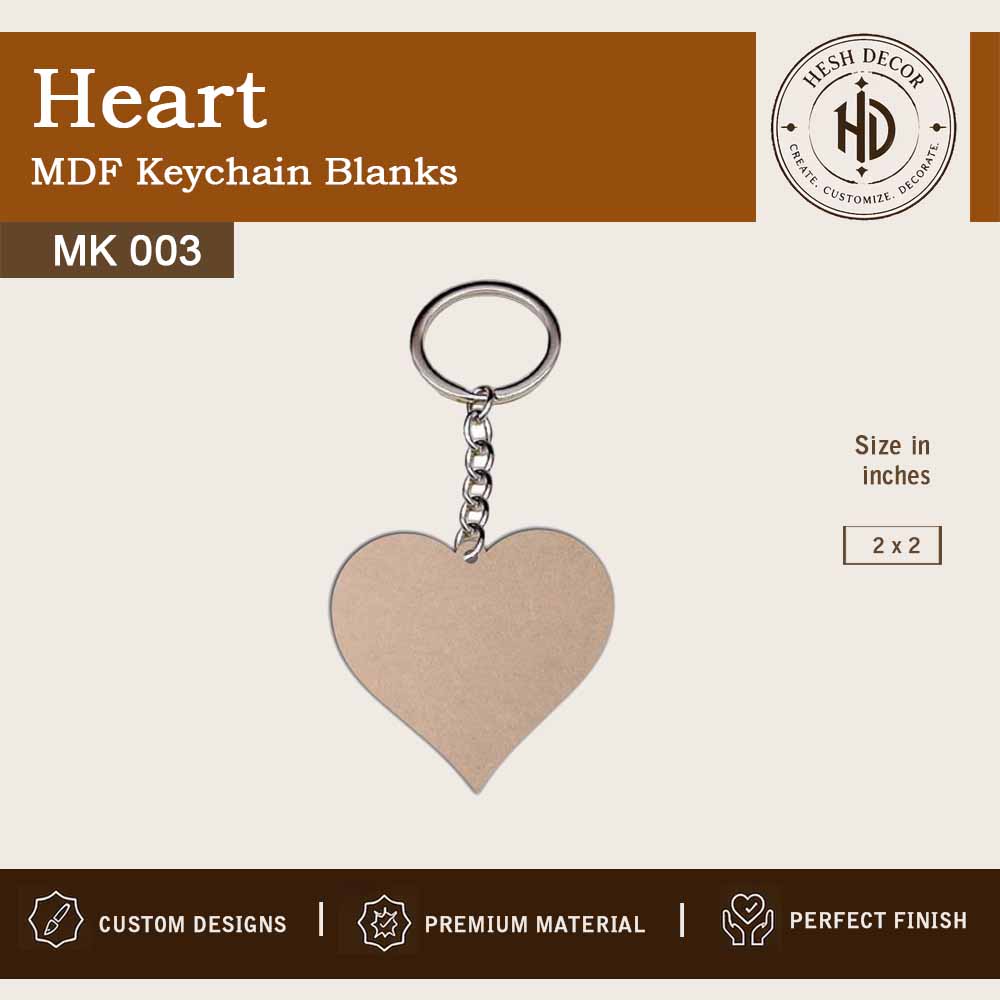 Heart shape MDF keychain blank 2x2 inch for DIY crafts with metal ring