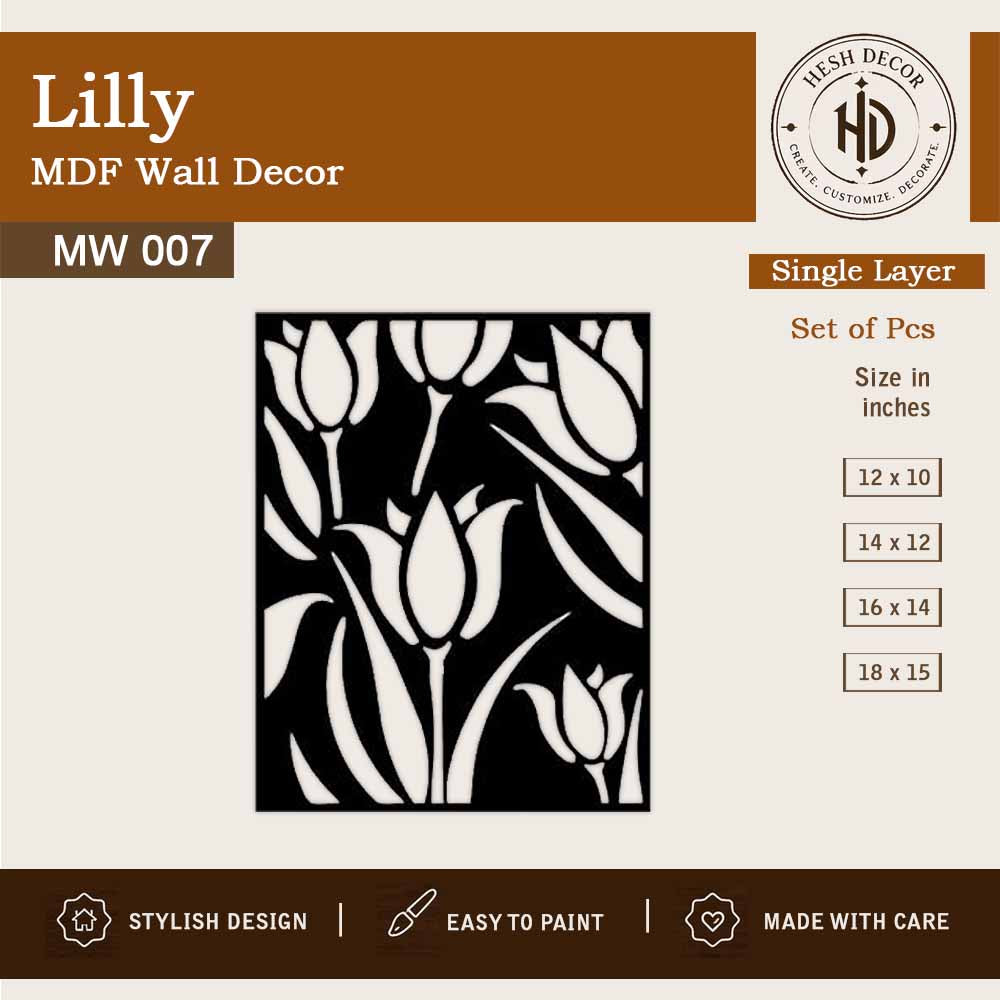 Lilly MDF floral wall decor wooden laser cut flower design for modern home interiors