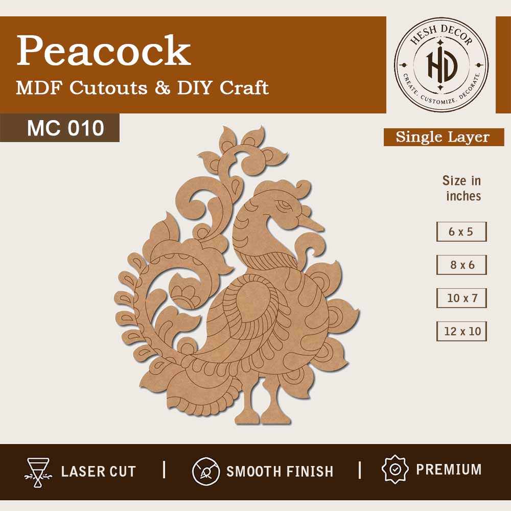 aser cut peacock MDF cutout for DIY painting, wall decoration and craft projects by Hesh Decor