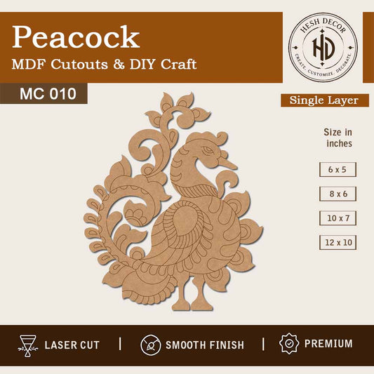 aser cut peacock MDF cutout for DIY painting, wall decoration and craft projects by Hesh Decor