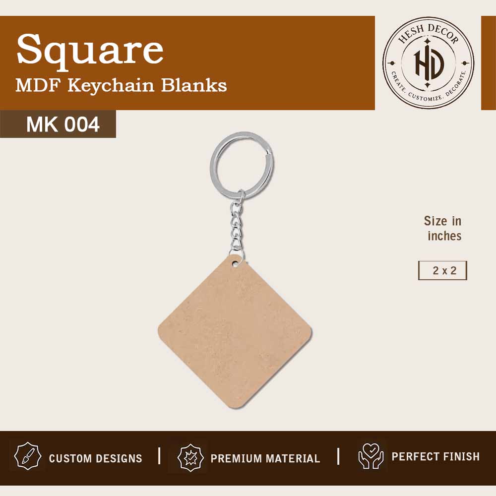 Square MDF keychain blank 2x2 inch for DIY crafts with metal ring