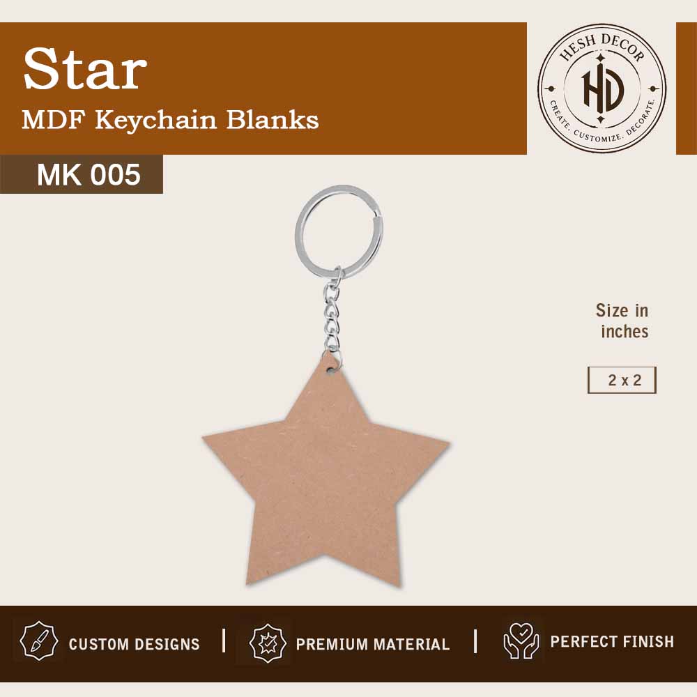 Star shape MDF keychain blank with metal ring