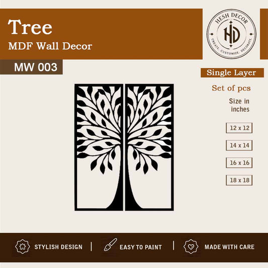 Tree MDF wall decor set wooden laser cut 2 panel design for home decoration